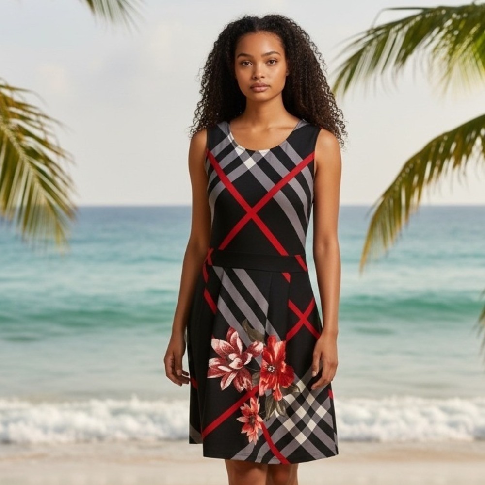 Venus Black‎ Red Gray Plaid Floral Sleeveless Knee Length Dress Women's Size L